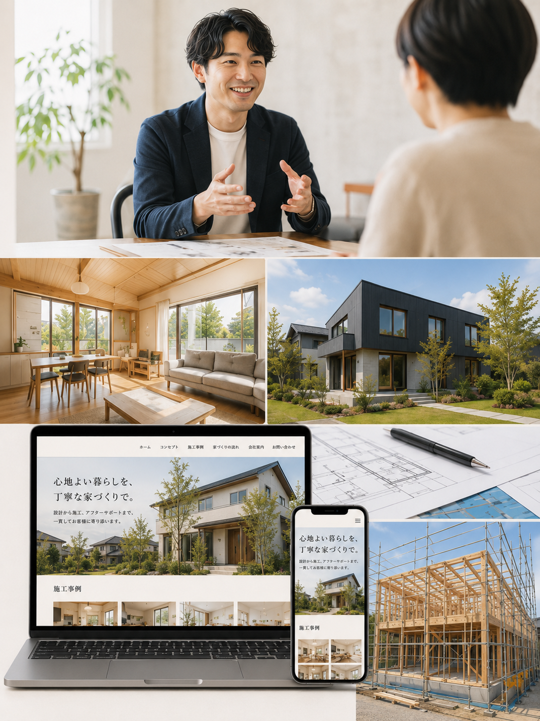 打ち合わせ、住宅事例、設計図、制作サイトをまとめたイメージ